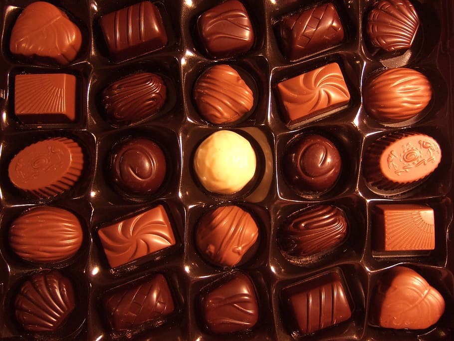 chocolate coated candies, chocolate, candies, sweets, snack, gourmet, box, treat, white, dark