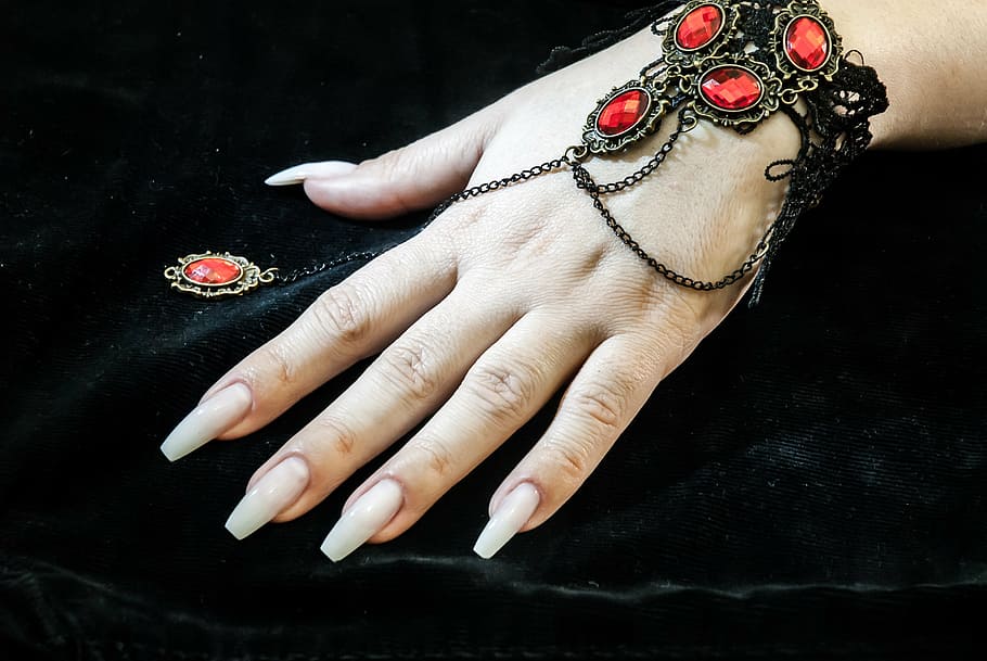 person, wearing, black, red, gemstone, encrusted, bracelet, gel nails, art, hands