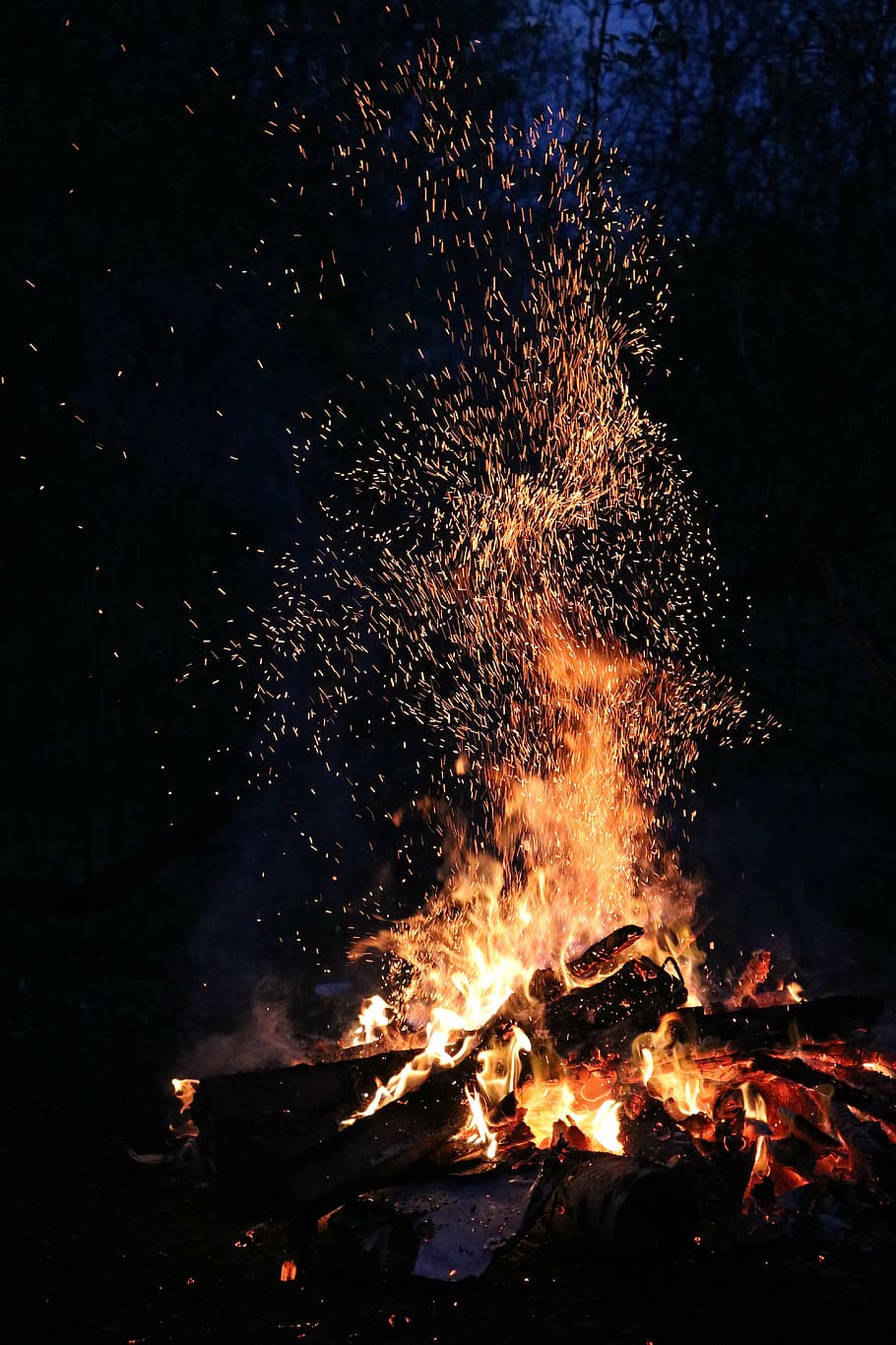 bonfire during nighttime, night, forest, koster, flame, spark, fever, fire, firewood, burns