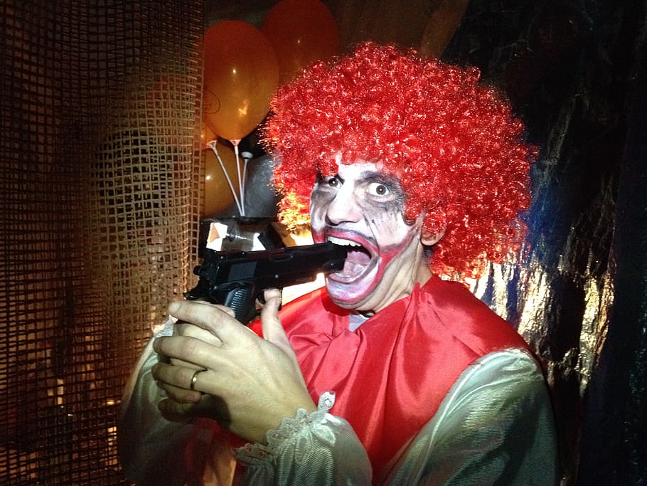 clown holding gun, clown, suicide, halloween, gun, weapon, crazy, celebration, one person, spooky
