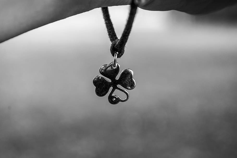 happiness, bracelet, clover, black and white, hanging, jewelry, locket, pendant, necklace, focus on foreground