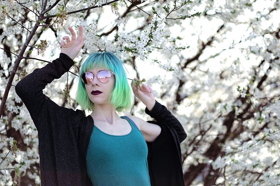 green hair, neon hair, teal hair, turquoise hair alternative girl, pose, blooming, sunglasses, girl, young, person