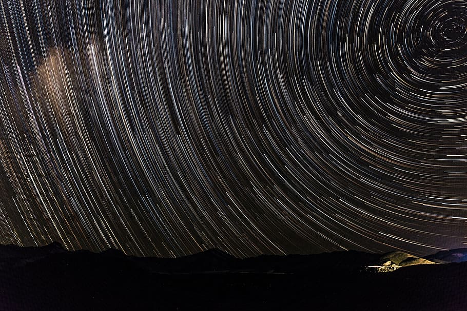 time lapse photo, stars, space, sky, galaxy, nature, night, light, mountain, star trail