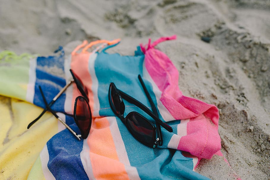 praia, areia, verão, cobertor, feriados, férias, óculos de sol, juntos, terra, close-up