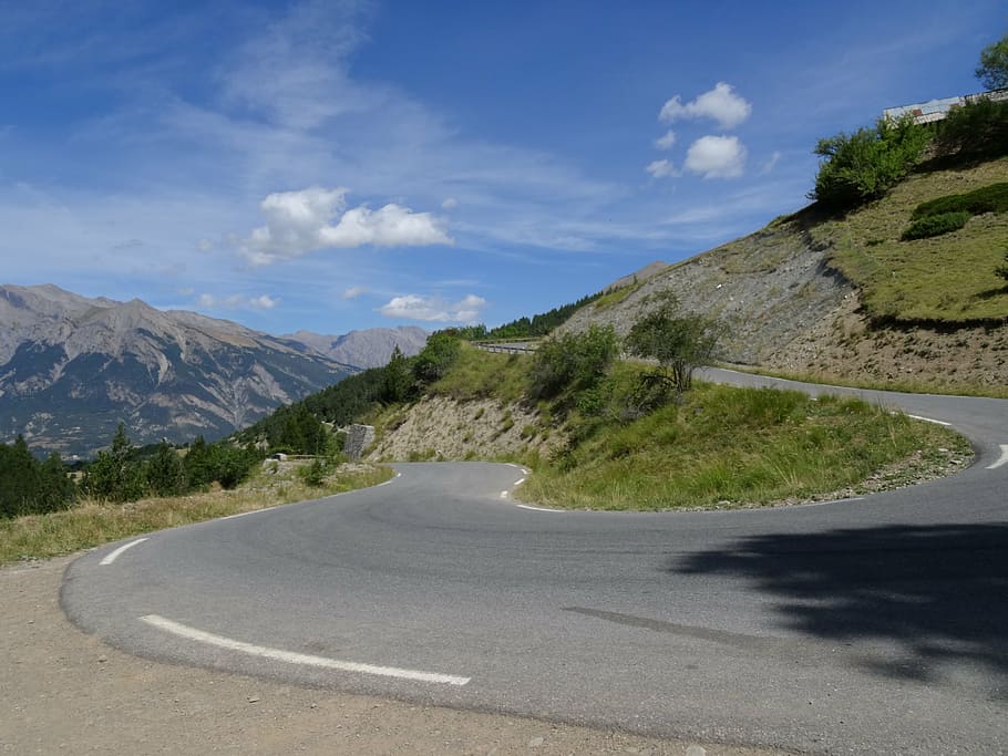 mountain road, southern alps, france, sinuous road, road, mountain, cloud - sky, sky, transportation, direction