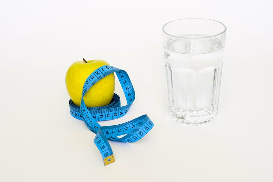 yellow, fruit, tape measure, glass, filled, water, tape, apple, glas, blue