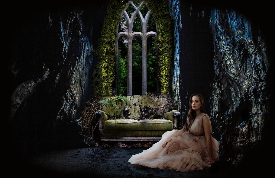 girl, fairy tale, window, moonlight, vines, sofa, damaged, soiled, leaves, mood