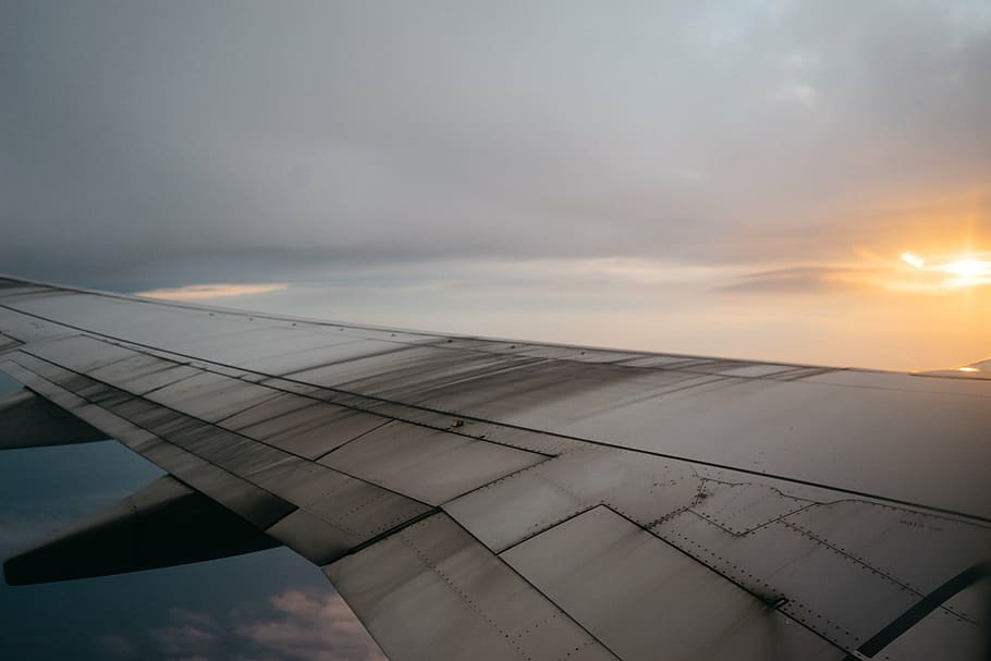 gray, roof, sky, airplane, window, photography, showing, wings, white, cloudy