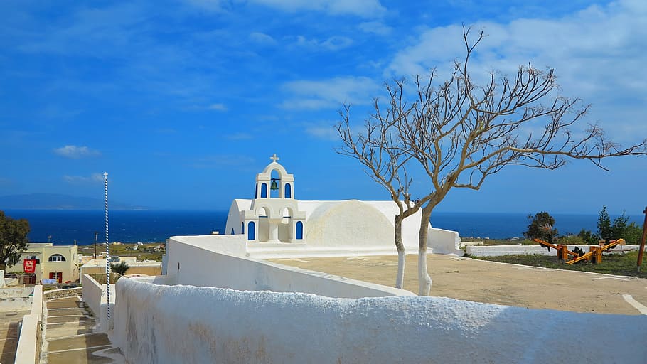 Santorini, Greece, White Houses, blue, architecture, sea, vacations, church, white, island