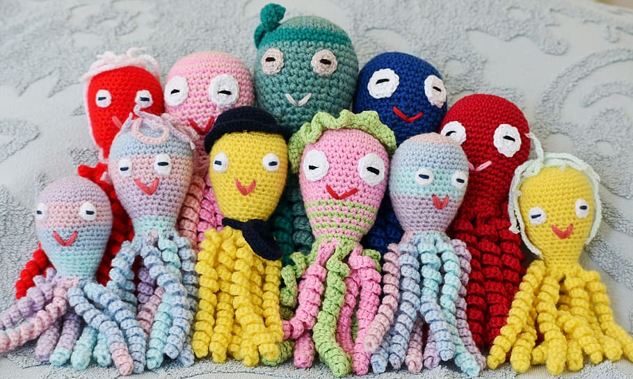 toys, soft, cuddly, octopus, family, happy, multi colored, art and craft, creativity, wool