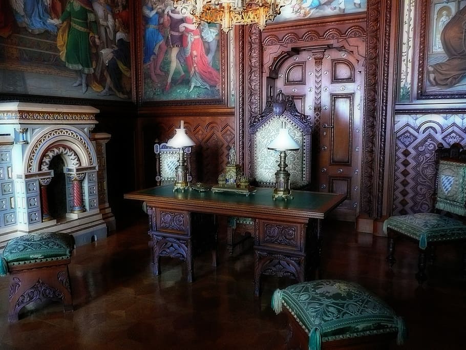 brown, wooden, desk, table lamps, inside, room, study room, king ludwig the second, bavaria, castle neuschwanstein