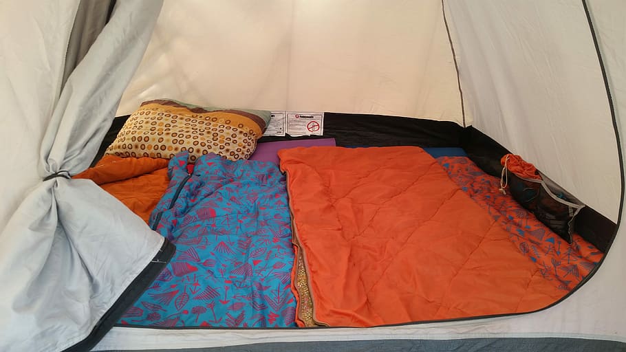 white dome tent, Tent, Sleeping Bags, Camping, curtain, textile, indoors, day, bed, furniture