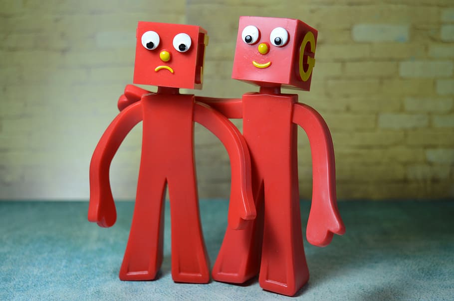 two, red, action figures, friend, pals, buddies, friendship, best friends, support, supportive
