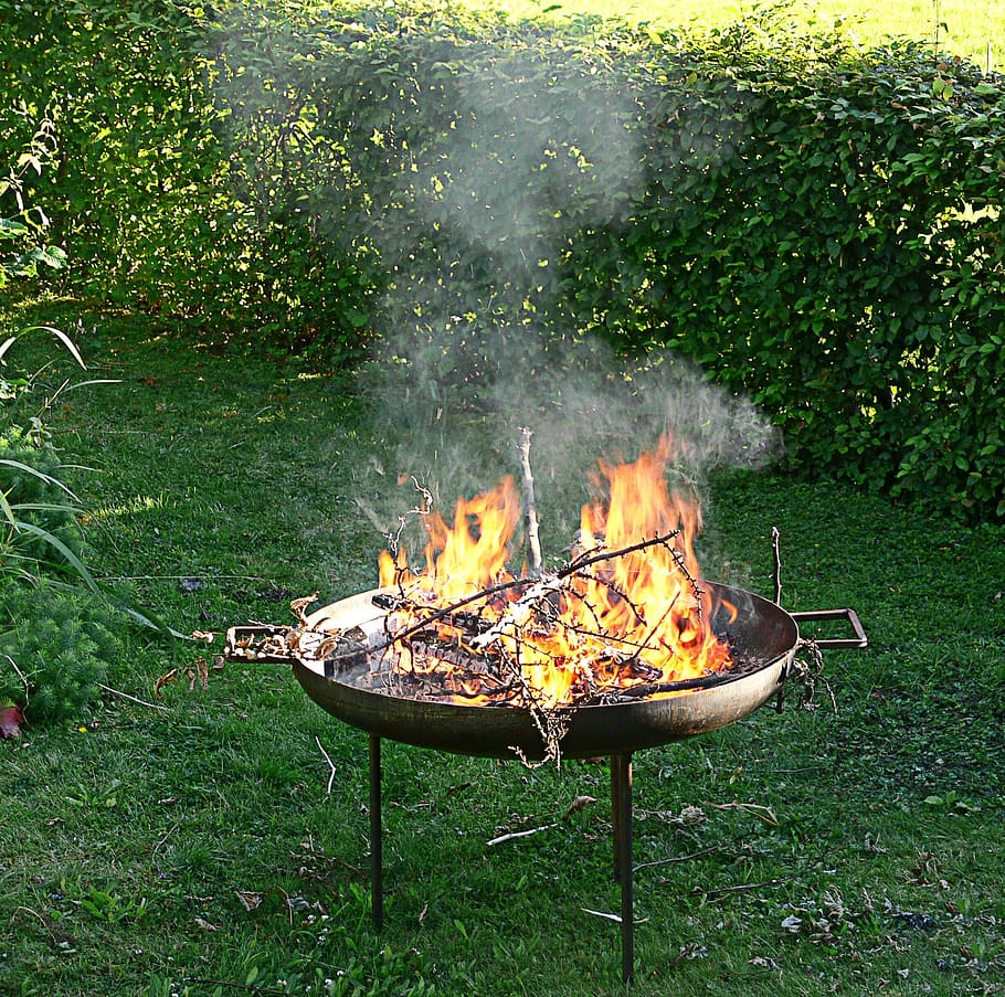 autumn, garden, fire bowl, fire, hot, burn branches, grill, burn, smoke, grass
