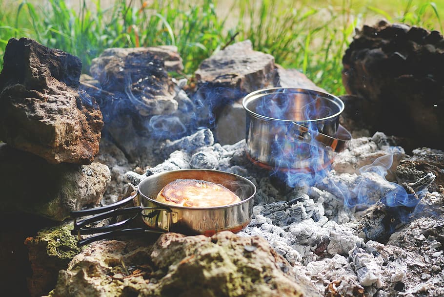 stainless steel pan, fire, campfire, tent camp, stock, camp, camping, outdoor, cook, bannok
