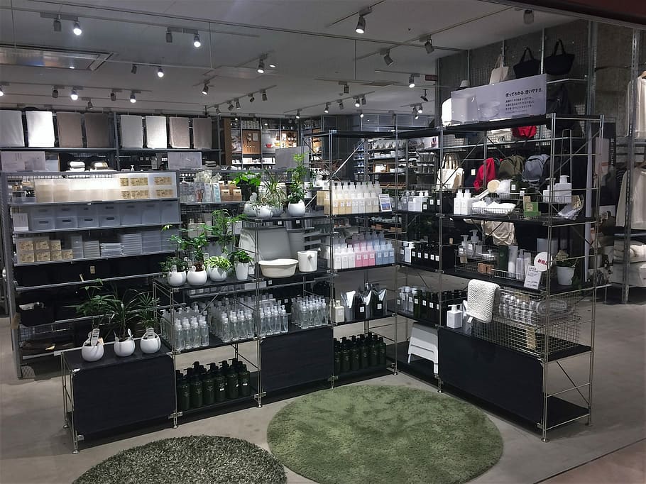 black, metal shelf lot, Mujirushi Ryohin, Display, Shampoo, rinse, treatment, foliage plant, cool, original
