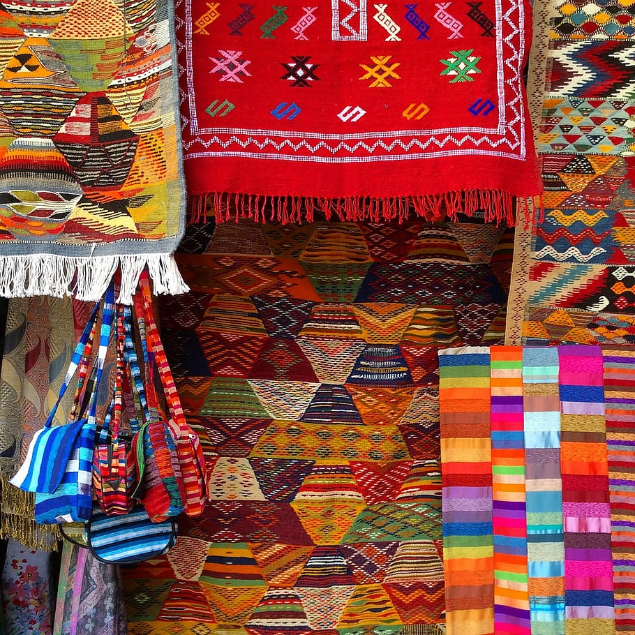 una variedad de textiles, textiles, alfombras, marruecos, colores, minoristas, multicolores, elección, venta, mercado