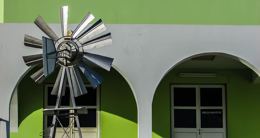 cyprus, ayia napa, building, windmill, green, architecture, school, built structure, building exterior, green color