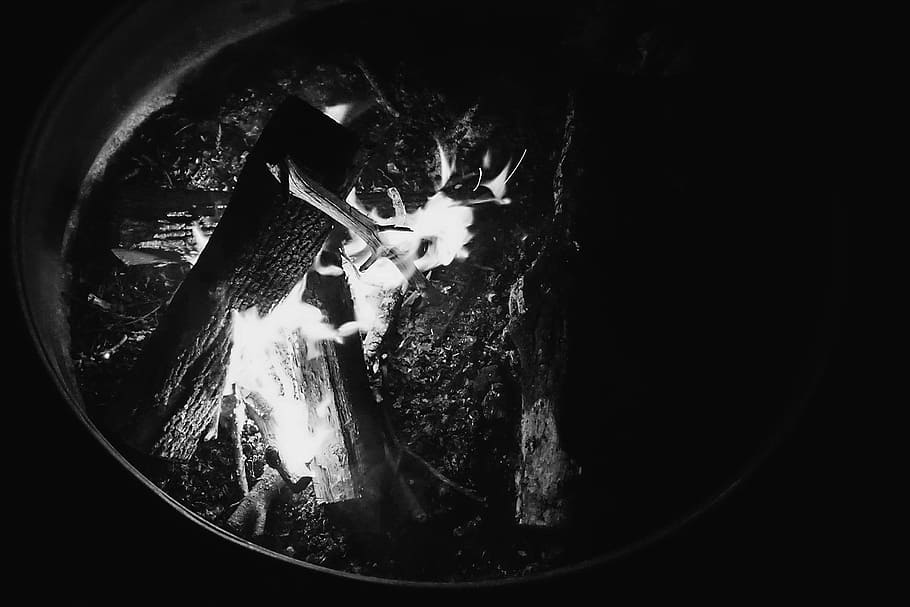 white, black, decorative, plate, grayscale, cascading, waterfalls, fire pit, flames, wood