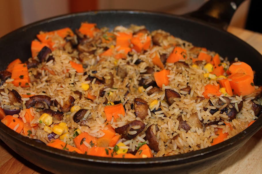 arroz, pan, zanahorias, comer, cucharón de arroz, nutrición, corte, freír, sustancial, almuerzo
