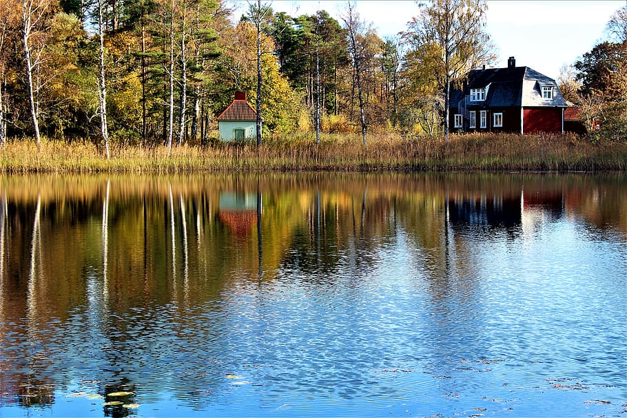 lake, nature, water, reflections, mirroring, house, landscapes, autumn, tree, building