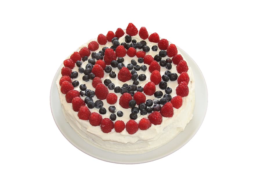white, red, cake, cream, raspberries, blueberries, birthday, white background, food, sweet food