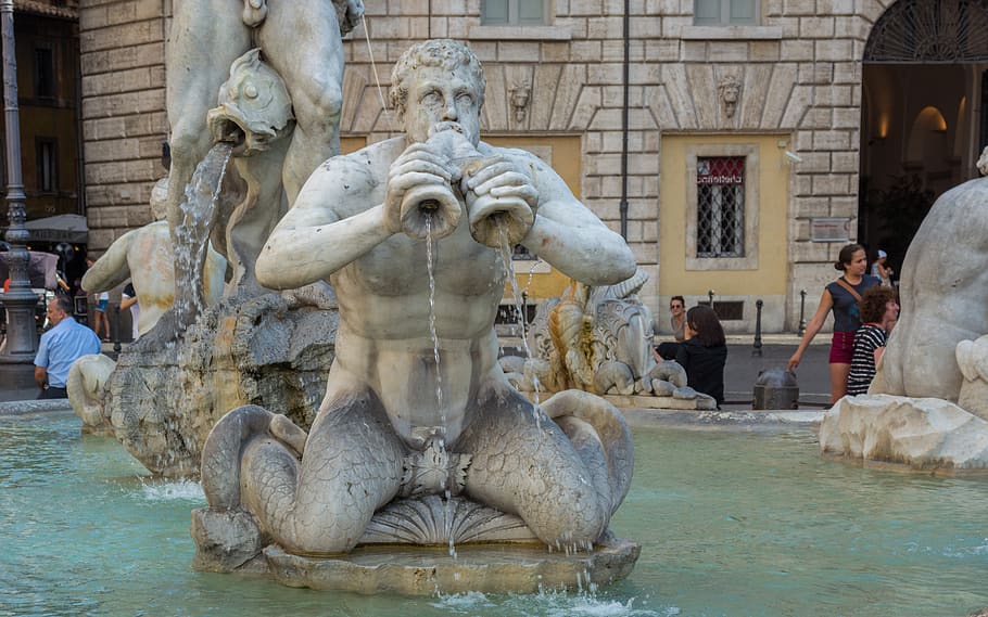 rome, moor fountain, piazza navona, italy, water, sculpture, architecture, built structure, art and craft, representation