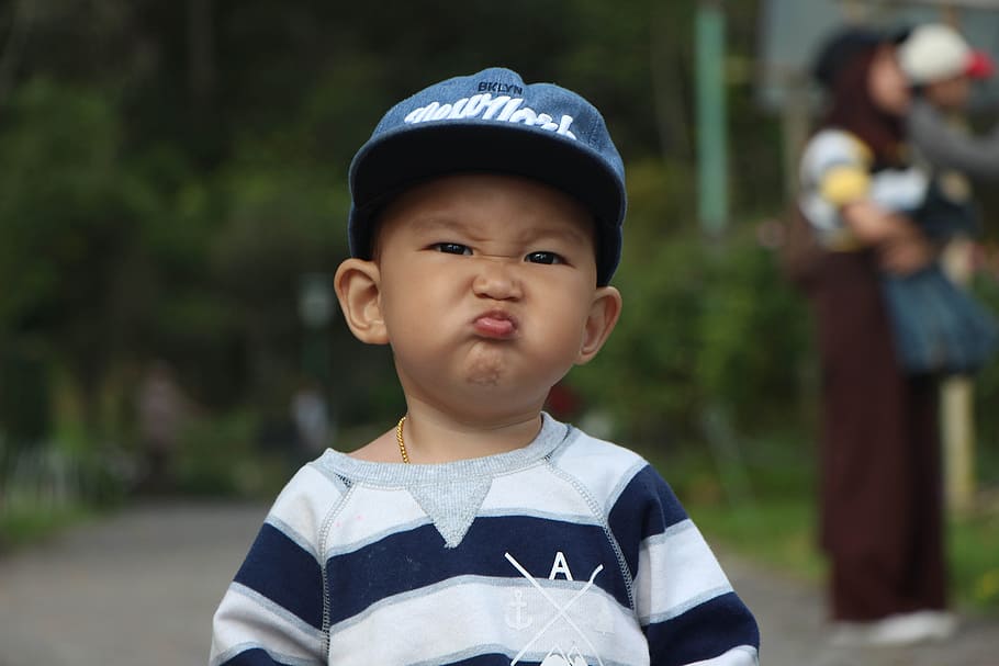 toddler, white, blue, striped, shirt, cap pouting, cap, kids, thailand, expression