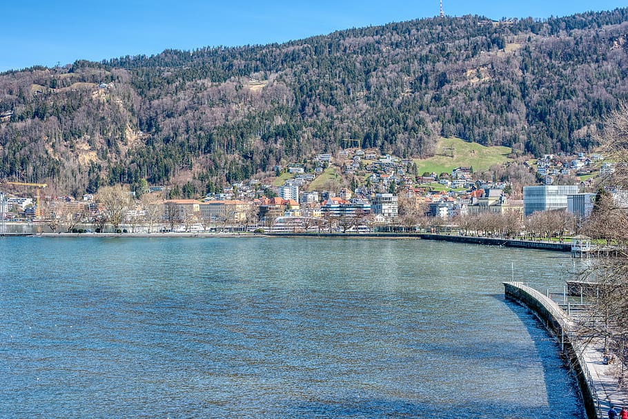 lake constance, bregenz, port, pledges, mountain, waters, water, landscape, architecture, built structure