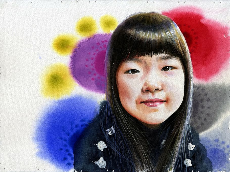 watercolor, portrait watercolor, art, figure paintings, watercolor portrait, portraits, figure, children's, asian, girl