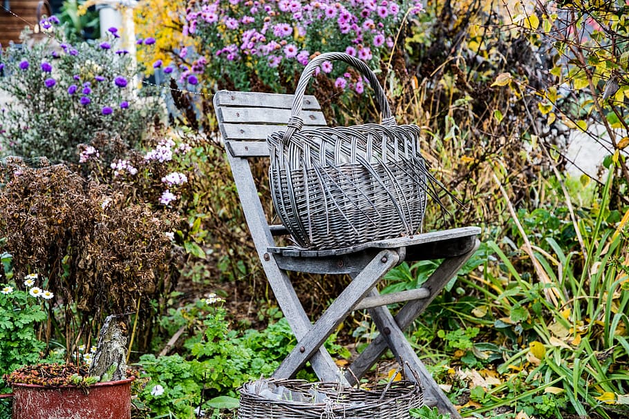 folding chair, chair, flowers, weathered, basket, nature, colorful, rest, decoration, plant