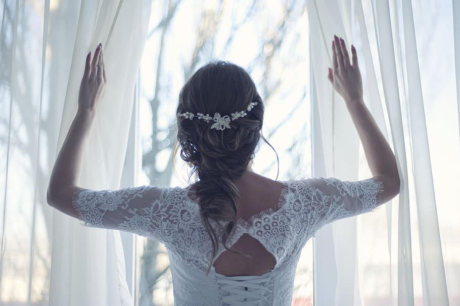 people, woman, bride, wedding, marriage, love, intimate, dress, gown, curtain