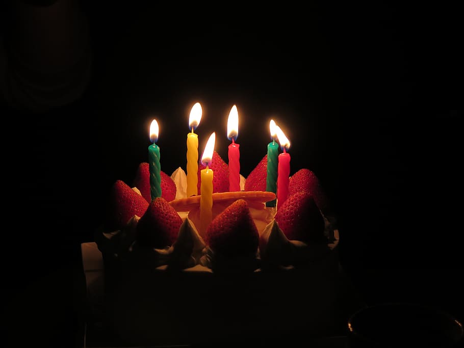 lighted, candles, strawberry cake, birthday candles, cake, dark, flames, sweet, celebration, event