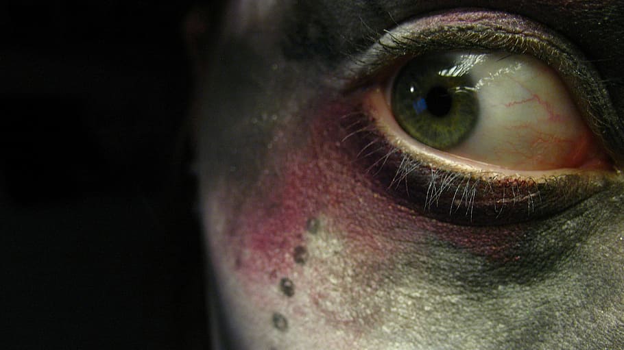 closeup, person, right eye, eye, makeup, skin, face, eyelashes, dark, creepy