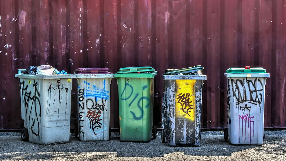 gray, green, plastic trash bins, trash, junk, container, graffiti, plastic, waste, multi colored