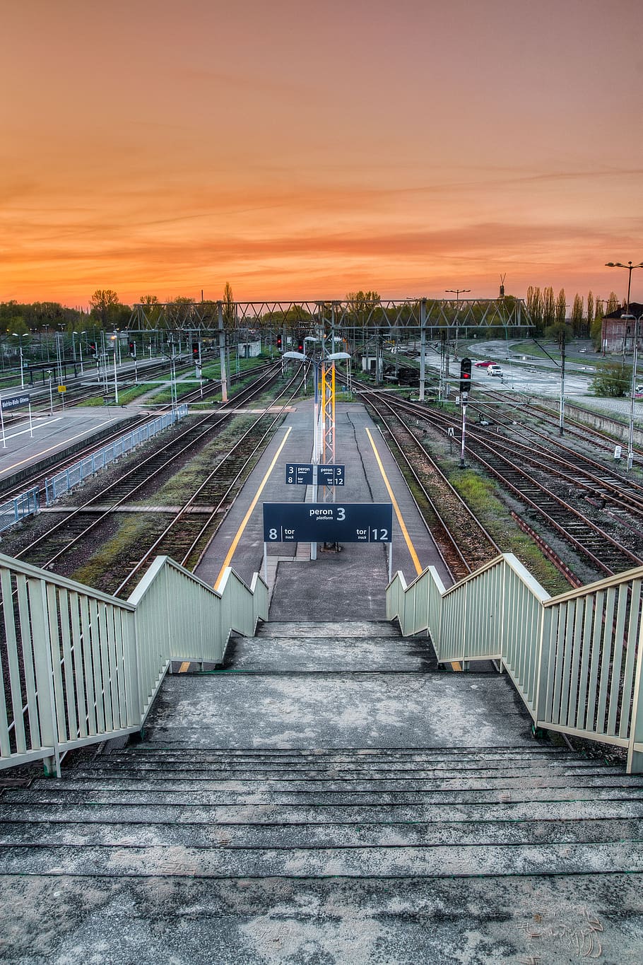 railway, track, outdoor, travel, station, sunset, sky, stairs, stoplight, transportation