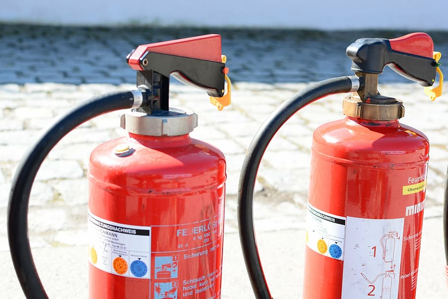 two, red, fire extinguishers, gray, pavement, fire extinguisher, fire, fire extinguishing, fire fighting, equipment