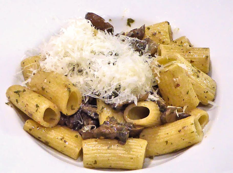 pasta, mushrooms, bacon, cheese, olive oil, spices, food and drink, food, ready-to-eat, freshness