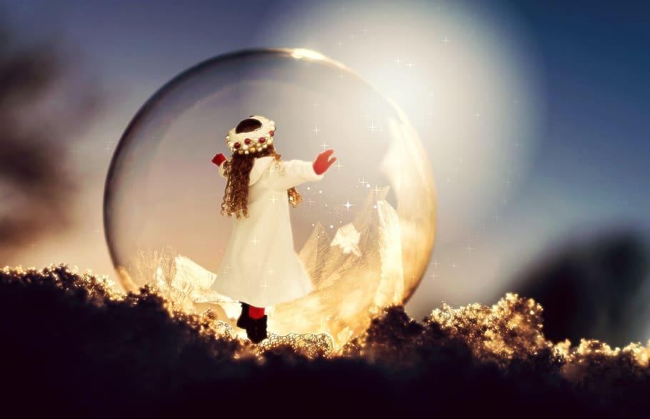 girl, spreading, arms, inside, bubbles, christmas, child, soap bubble, frost, winter