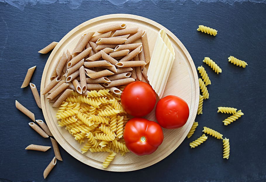assorted, pastas, tomatoes, tray, macaroni, pasta, food, ingredient, kitchen, cooking