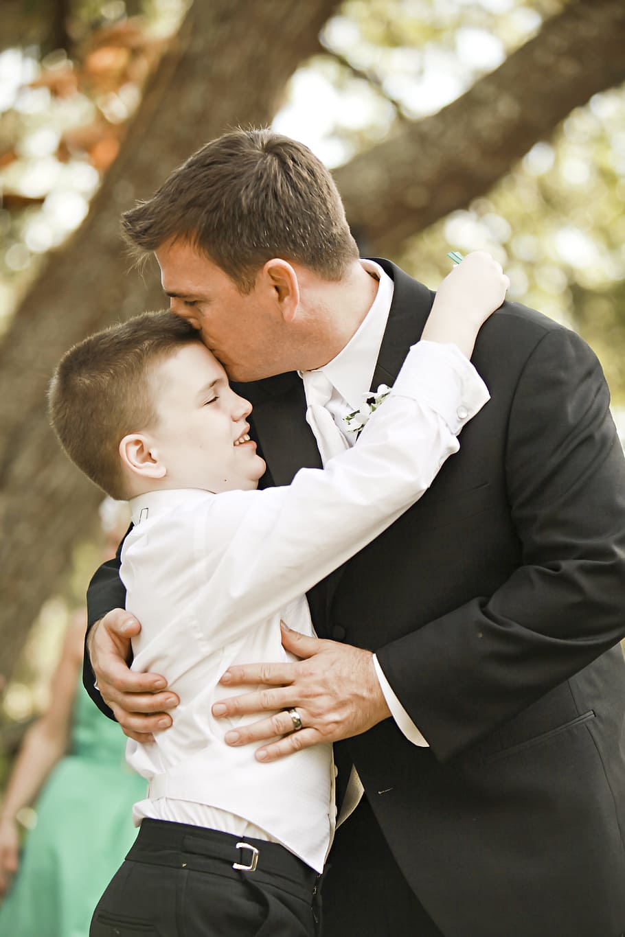 man, kissing, boy, forehead, groom, father, autism, son, wedding, parent