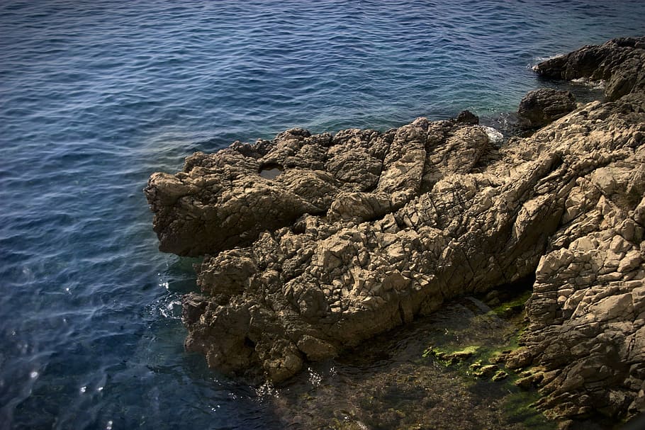 marrom, formação rochosa, corpo, água, pedra, ilha, ao lado, oceano, mar, praia