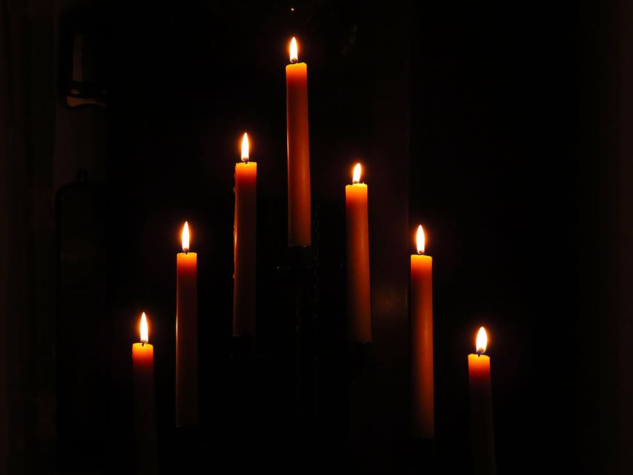 lit red candles, candles, candlestick, wax candle, flame, darkness, burn, romantic, cozy, fire
