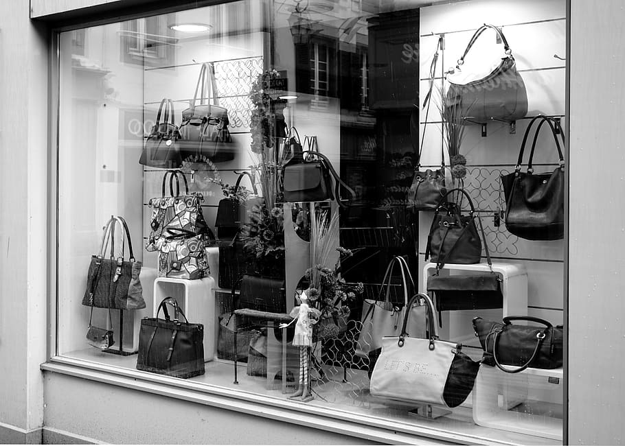 bags, gift, store, display, design, black and white, glass, light, wall, building