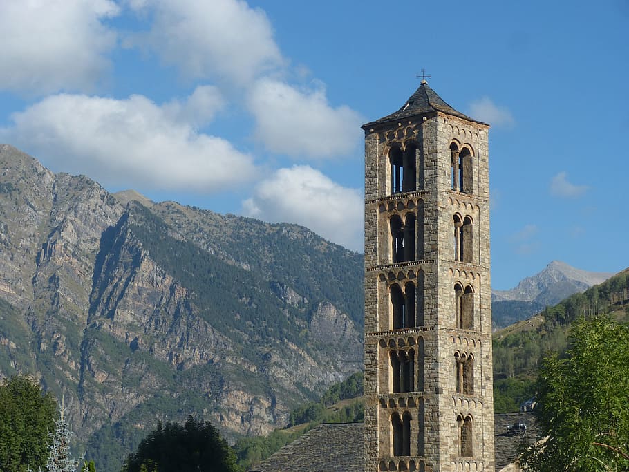 bell tower, romanesque, pyrenees, mountain, sant climent de taüll, pallars sobirà, heritage, catalunya, sky, architecture