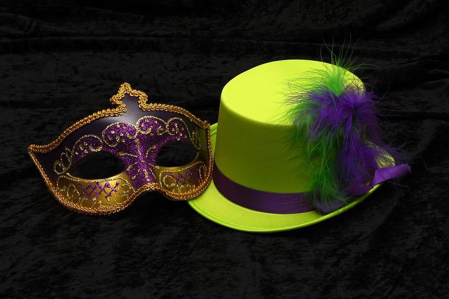purple, gold masquerade, green, dress hat, mask, carnival, venice, mysterious, close, romance