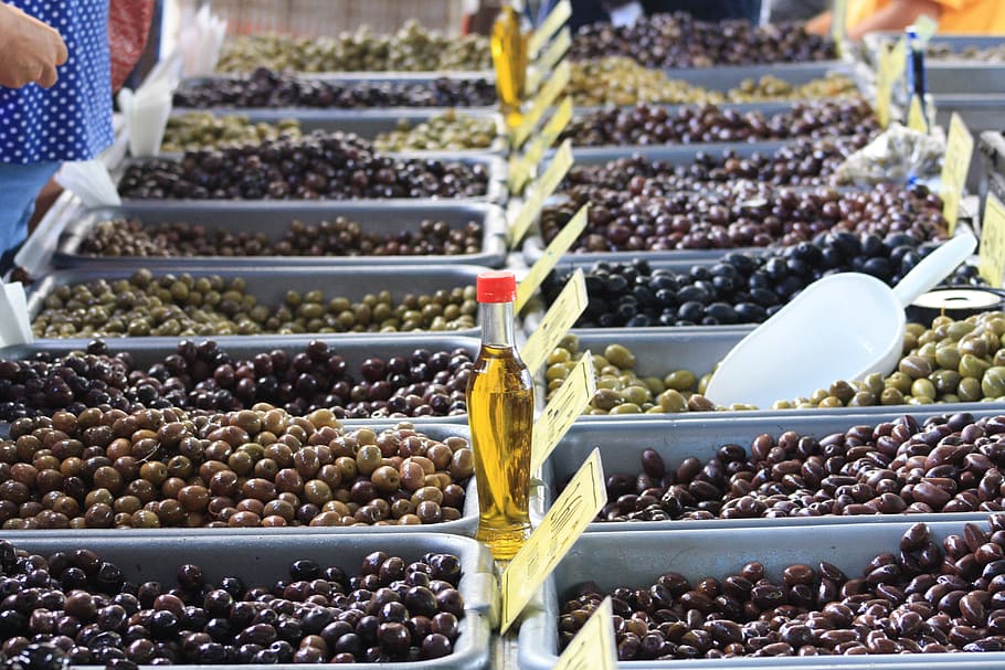 oliva, griego, vendedor, mercado, comida y bebida, comida, alimentación saludable, frescura, fruta, venta minorista