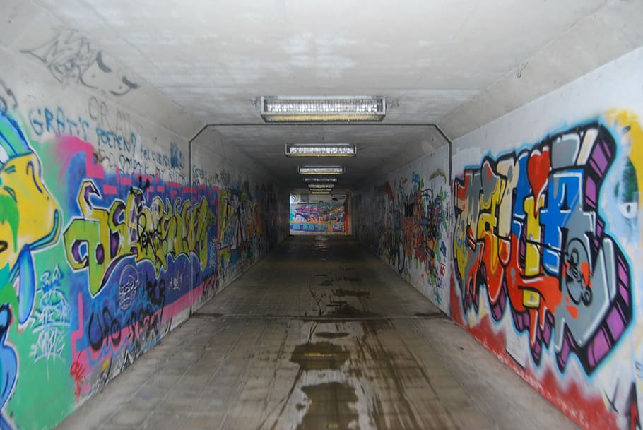 graffiti, drawing, tunnel, mural, vandalism, pedestrian tunnel, indoors, multi colored, the way forward, art and craft