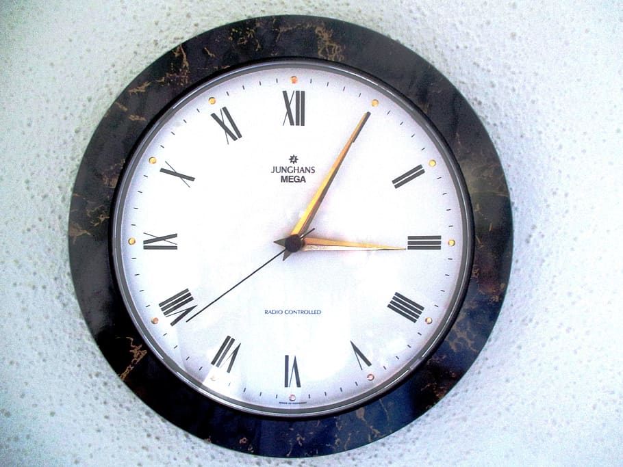 time, clock, wall clock, radio controlled, junghans mega, second hand, decorative, roman numerals, number, circle