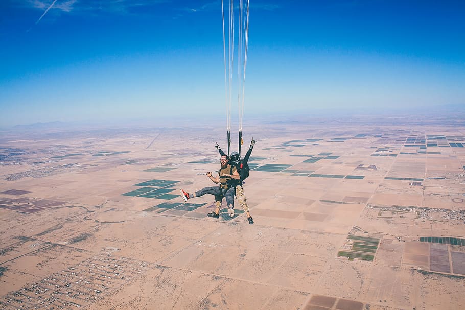 high, angle photo, two, person, riding, parachute, nature, aerial, people, man